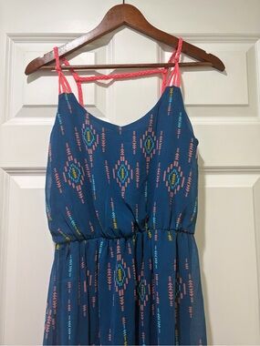Xhilaration dark blue Aztec High-Low Dress with Coral Straps
